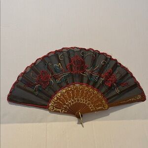 Elegant Black and Red Embroidered Hand Fan